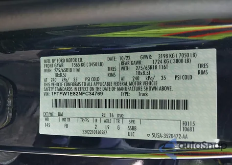 2022 Ford F-150 Xlt z USA, uszkodzony, nr VIN 1FTFW1E82NFC34769